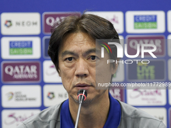 Hong Myung Bo, head coach of the Korea Republic National team, attends a press conference ahead of the AFC Asian Qualifiers Road to 26 match...