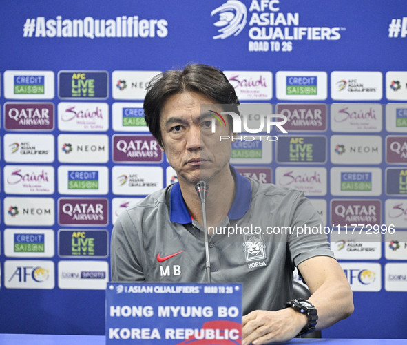 Hong Myung Bo, head coach of the Korea Republic National team, attends a press conference ahead of the AFC Asian Qualifiers Road to 26 match...