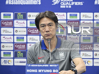 Hong Myung Bo, head coach of the Korea Republic National team, attends a press conference ahead of the AFC Asian Qualifiers Road to 26 match...