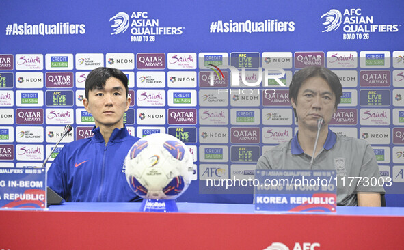 Hong Myung Bo, head coach of the Korea Republic National team, and Korea Republic National team player Hwang In-Beom attend a press conferen...