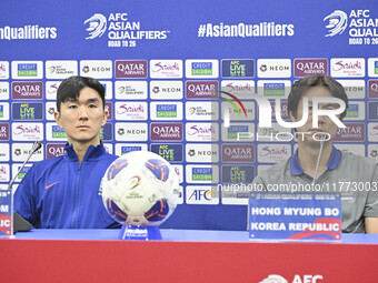 Hong Myung Bo, head coach of the Korea Republic National team, and Korea Republic National team player Hwang In-Beom attend a press conferen...