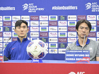 Hong Myung Bo, head coach of the Korea Republic National team, and Korea Republic National team player Hwang In-Beom attend a press conferen...