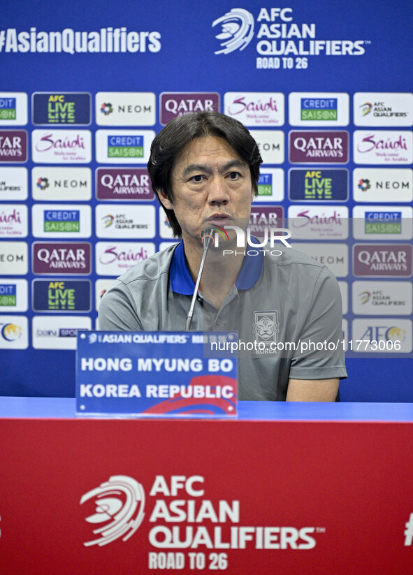 Hong Myung Bo, head coach of the Korea Republic National team, attends a press conference ahead of the AFC Asian Qualifiers Road to 26 match...