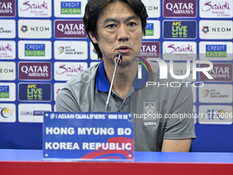 Hong Myung Bo, head coach of the Korea Republic National team, attends a press conference ahead of the AFC Asian Qualifiers Road to 26 match...