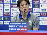 Hong Myung Bo, head coach of the Korea Republic National team, attends a press conference ahead of the AFC Asian Qualifiers Road to 26 match...