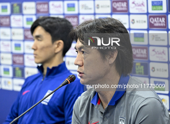 Hong Myung Bo, the head coach of the Korea Republic National team, attends a press conference ahead of the AFC Asian Qualifiers Road to 26 m...