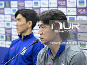 Hong Myung Bo, the head coach of the Korea Republic National team, attends a press conference ahead of the AFC Asian Qualifiers Road to 26 m...