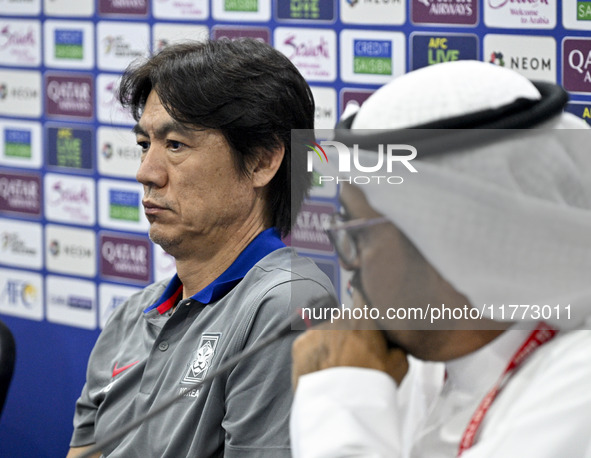 Hong Myung Bo, the head coach of the Korea Republic National team, attends a press conference ahead of the AFC Asian Qualifiers Road to 26 m...