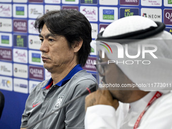 Hong Myung Bo, the head coach of the Korea Republic National team, attends a press conference ahead of the AFC Asian Qualifiers Road to 26 m...