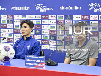 Hong Myung Bo, head coach of the Korea Republic National team, and Korea Republic National team player Hwang In-Beom attend a press conferen...