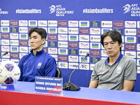 Hong Myung Bo, head coach of the Korea Republic National team, and Korea Republic National team player Hwang In-Beom attend a press conferen...