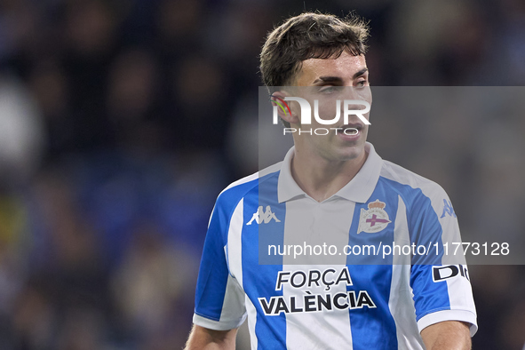 Dani Barcia of RC Deportivo de La Coruna reacts during the LaLiga Hypermotion match between RC Deportivo de La Coruna and SD Eibar at Abanca...