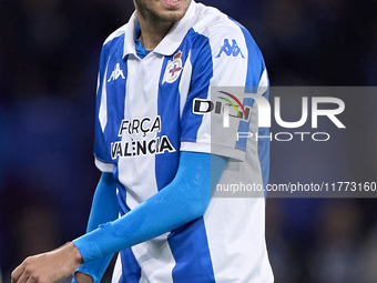 Rafa Obrador of RC Deportivo de La Coruna reacts during the LaLiga Hypermotion match between RC Deportivo de La Coruna and SD Eibar at Abanc...