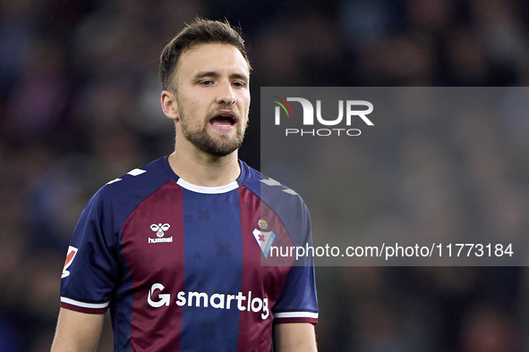 Alvaro Carrillo of SD Eibar reacts during the LaLiga Hypermotion match between RC Deportivo de La Coruna and SD Eibar at Abanca Riazor Stadi...