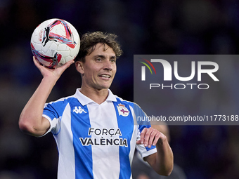 Alex Petxarroman of RC Deportivo de La Coruna takes a throw-in during the LaLiga Hypermotion match between RC Deportivo de La Coruna and SD...