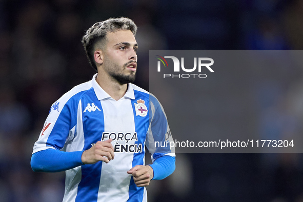 David Mella of RC Deportivo de La Coruna looks on during the LaLiga Hypermotion match between RC Deportivo de La Coruna and SD Eibar at Aban...