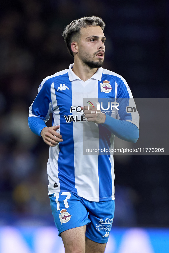 David Mella of RC Deportivo de La Coruna looks on during the LaLiga Hypermotion match between RC Deportivo de La Coruna and SD Eibar at Aban...