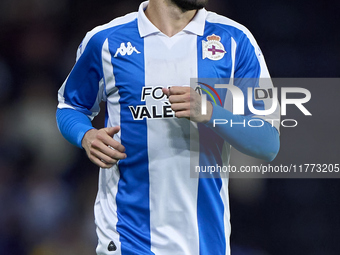 David Mella of RC Deportivo de La Coruna looks on during the LaLiga Hypermotion match between RC Deportivo de La Coruna and SD Eibar at Aban...