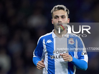 David Mella of RC Deportivo de La Coruna looks on during the LaLiga Hypermotion match between RC Deportivo de La Coruna and SD Eibar at Aban...