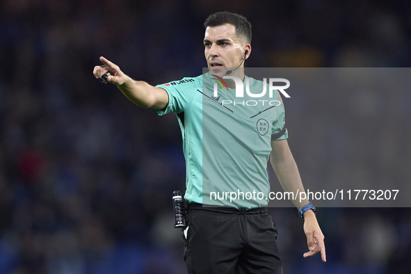 Referee Jose Antonio Sanchez Villalobos reacts during the LaLiga Hypermotion match between RC Deportivo de La Coruna and SD Eibar at Abanca...