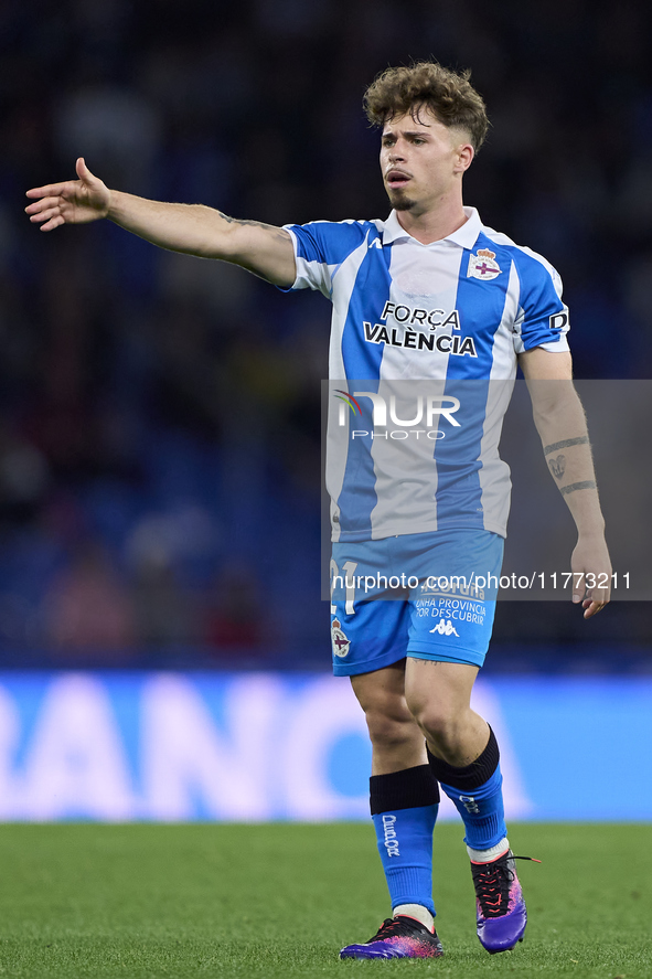 Mario Soriano of RC Deportivo de La Coruna reacts during the LaLiga Hypermotion match between RC Deportivo de La Coruna and SD Eibar at Aban...