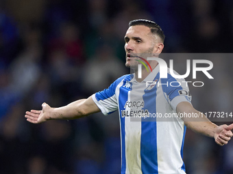 Lucas Perez of RC Deportivo de La Coruna reacts during the LaLiga Hypermotion match between RC Deportivo de La Coruna and SD Eibar at Abanca...