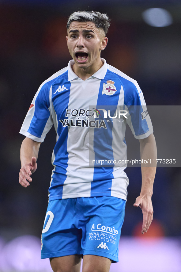 Yeremay Hernandez of RC Deportivo de La Coruna reacts during the LaLiga Hypermotion match between RC Deportivo de La Coruna and SD Eibar at...