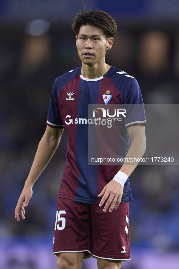 Kento Hashimoto of SD Eibar looks on during the LaLiga Hypermotion match between RC Deportivo de La Coruna and SD Eibar at Abanca Riazor Sta...