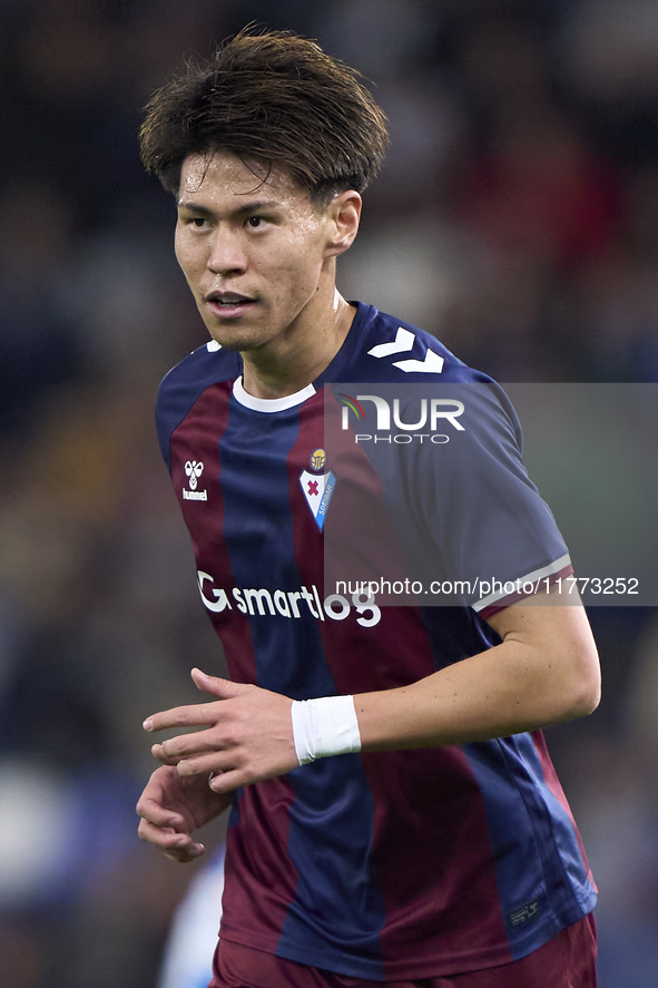 Kento Hashimoto of SD Eibar looks on during the LaLiga Hypermotion match between RC Deportivo de La Coruna and SD Eibar at Abanca Riazor Sta...