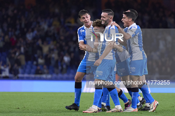 Mario Soriano of RC Deportivo de La Coruna celebrates with his teammates after scoring his team's first goal during the LaLiga Hypermotion m...