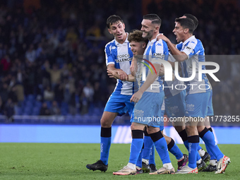 Mario Soriano of RC Deportivo de La Coruna celebrates with his teammates after scoring his team's first goal during the LaLiga Hypermotion m...