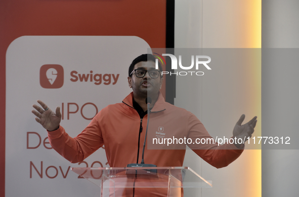 Managing Director and Group Chief Executive Officer of Swiggy, Sriharsha Majety, speaks during the listing ceremony of its Initial Public Of...