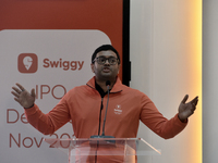 Managing Director and Group Chief Executive Officer of Swiggy, Sriharsha Majety, speaks during the listing ceremony of its Initial Public Of...