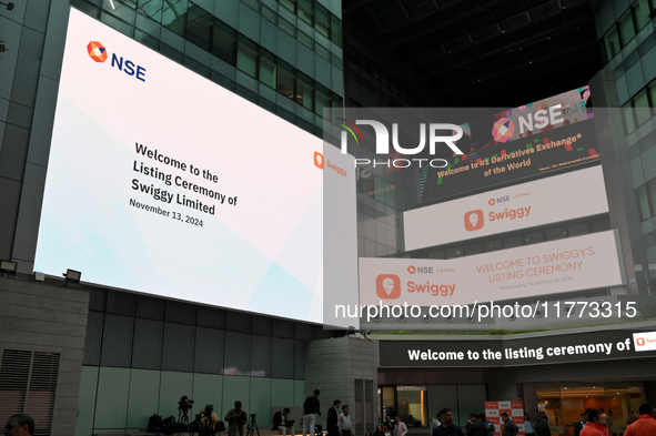 A signage board is seen inside the NSE building during the listing ceremony of its Initial Public Offering (IPO) at the National Stock Excha...