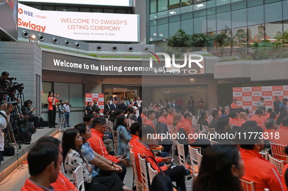 A signage board is seen inside the NSE building during the listing ceremony of its Initial Public Offering (IPO) at the National Stock Excha...