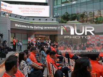 A signage board is seen inside the NSE building during the listing ceremony of its Initial Public Offering (IPO) at the National Stock Excha...