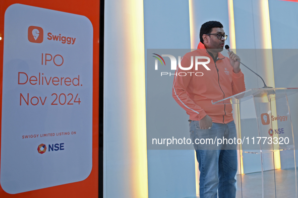 Managing Director and Group Chief Executive Officer of Swiggy, Sriharsha Majety, speaks during the listing ceremony of its Initial Public Of...