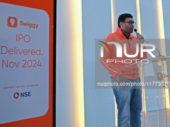 Managing Director and Group Chief Executive Officer of Swiggy, Sriharsha Majety, speaks during the listing ceremony of its Initial Public Of...