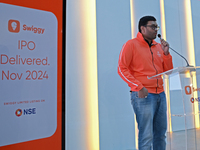 Managing Director and Group Chief Executive Officer of Swiggy, Sriharsha Majety, speaks during the listing ceremony of its Initial Public Of...