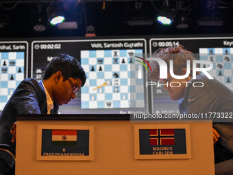 India's chess grandmaster Rameshbabu Praggnanandhaa and five-time world chess champion Magnus Carlsen of Norway face off in a rapid round of...