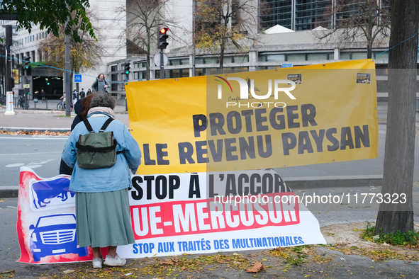 Peasants from the Confederation Paysanne set up in front of the Ministry of Economy in Paris, France, to denounce the EU-Mercosur agreement....