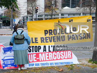 Peasants from the Confederation Paysanne set up in front of the Ministry of Economy in Paris, France, to denounce the EU-Mercosur agreement....