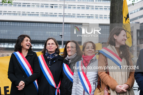 MPs from LFI - New Popular Front, including Aurelie Trouve and Manon Meunier, gather alongside the Confederation Paysanne to denounce the EU...