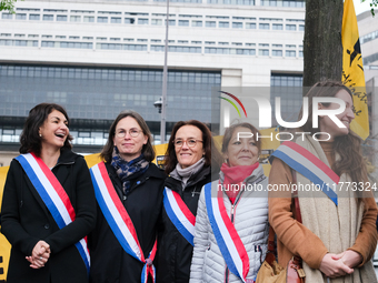 MPs from LFI - New Popular Front, including Aurelie Trouve and Manon Meunier, gather alongside the Confederation Paysanne to denounce the EU...