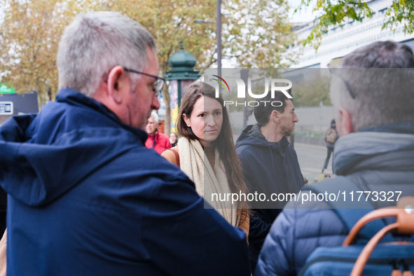 Manon Meunier, a member of parliament for La France insoumise - New Popular Front of Haute-Vienne, speaks with farmers from the Peasant Conf...