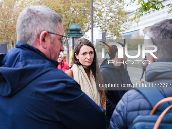 Manon Meunier, a member of parliament for La France insoumise - New Popular Front of Haute-Vienne, speaks with farmers from the Peasant Conf...