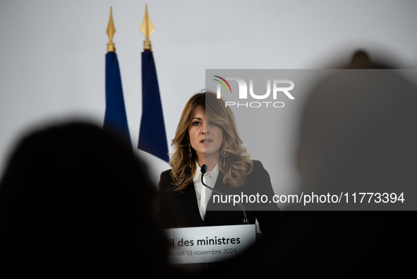 Maud Bregeon, Minister Delegate of the Premier and government spokesperson, meets the press at the end of the Council of Ministers in Paris,...