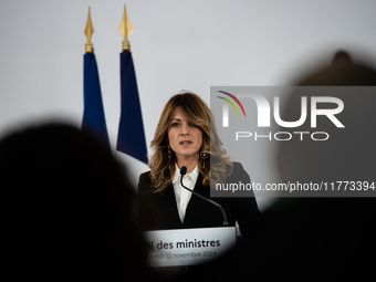 Maud Bregeon, Minister Delegate of the Premier and government spokesperson, meets the press at the end of the Council of Ministers in Paris,...