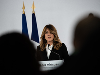 Maud Bregeon, Minister Delegate of the Premier and government spokesperson, meets the press at the end of the Council of Ministers in Paris,...