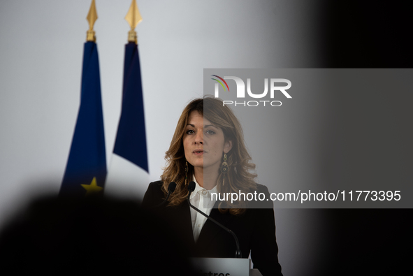 Maud Bregeon, Minister Delegate of the Premier and government spokesperson, meets the press at the end of the Council of Ministers in Paris,...